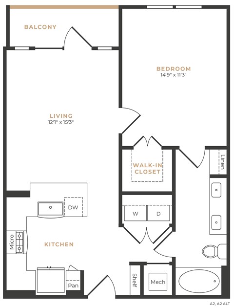 Floor plan for 1 bed, 1 bath, 742 sqft